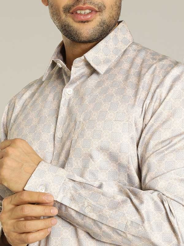 Indian Terrain Men's Slim Fit Full Sleeve All Over Print Beige Shirt